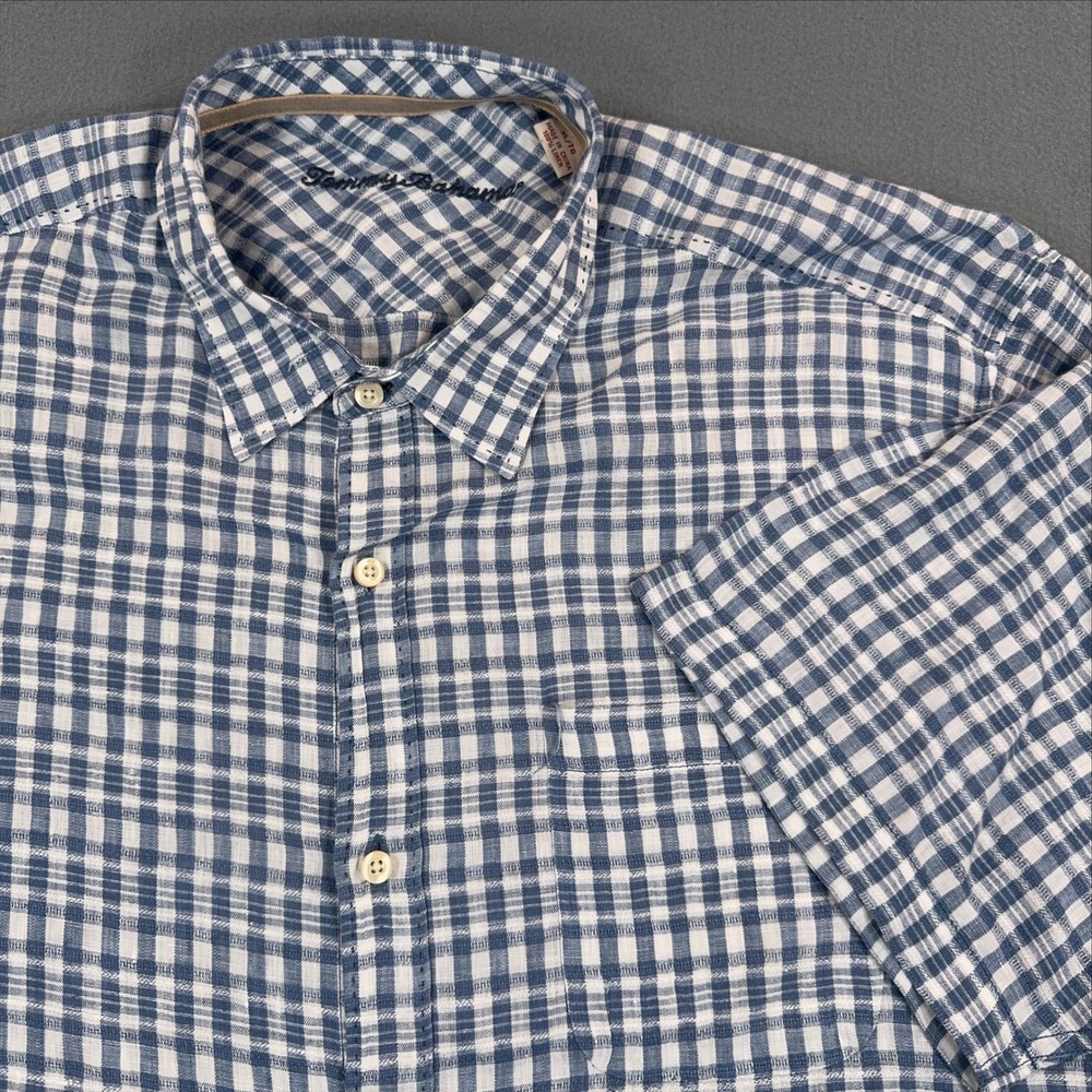 Tommy Bahama Men XL Blue White Gingham 100% Linen Short Sleeve Button Down Shirt